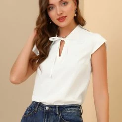 Allegra K Women's Short Sleeve Blouse Beaded Doll Collar Tied Neck Casual Tops