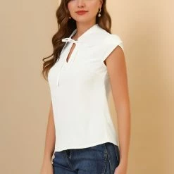 Allegra K Women's Short Sleeve Blouse Beaded Doll Collar Tied Neck Casual Tops