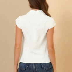 Allegra K Women's Short Sleeve Blouse Beaded Doll Collar Tied Neck Casual Tops