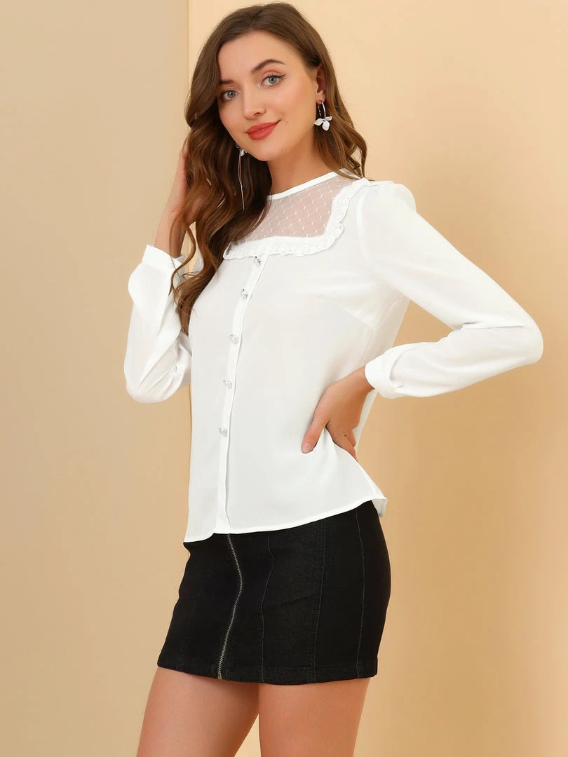 Allegra K Women's Lace Embroidered Mesh Sheer Panel Long Sleeve Chiffon Blouse Top 5 Allegra K Women's Lace Embroidered Mesh Sheer Panel Long Sleeve Chiffon Blouse Top