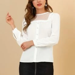 Allegra K Women's Lace Embroidered Mesh Sheer Panel Long Sleeve Chiffon Blouse Top 12 Allegra K Women's Lace Embroidered Mesh Sheer Panel Long Sleeve Chiffon Blouse Top