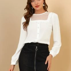 Allegra K Women's Lace Embroidered Mesh Sheer Panel Long Sleeve Chiffon Blouse Top 13 Allegra K Women's Lace Embroidered Mesh Sheer Panel Long Sleeve Chiffon Blouse Top