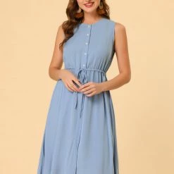 Allegra K Women's Sleeveless Button Front Drawstring Dress 18 Allegra K Women's Sleeveless Button Front Drawstring Dress