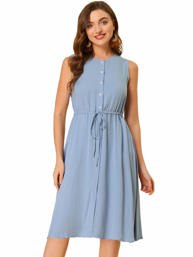 Allegra K Women's Sleeveless Button Front Drawstring Dress 4 Allegra K Women's Sleeveless Button Front Drawstring Dress