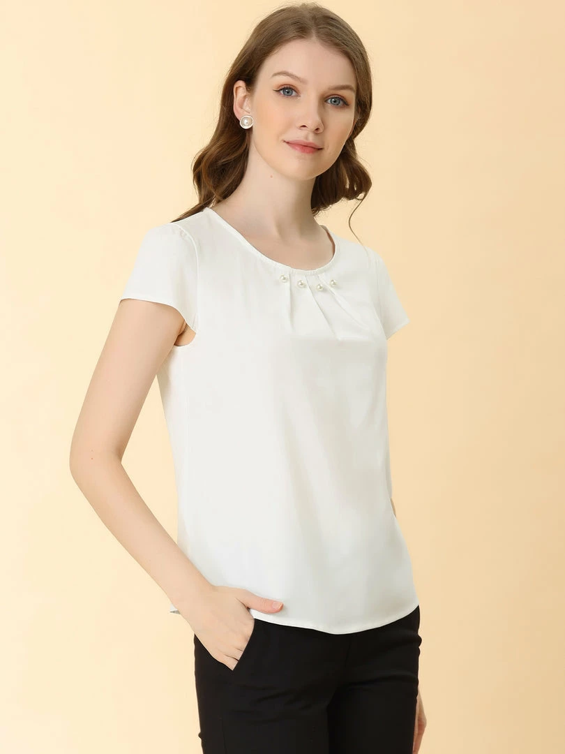 Allegra K Women's Work Office Short Sleeve Pearl Pleated Chiffon Blouse Top 5 Allegra K Women's Work Office Short Sleeve Pearl Pleated Chiffon Blouse Top