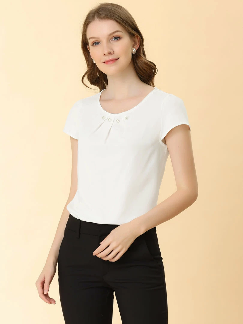 Allegra K Women's Work Office Short Sleeve Pearl Pleated Chiffon Blouse Top 6 Allegra K Women's Work Office Short Sleeve Pearl Pleated Chiffon Blouse Top