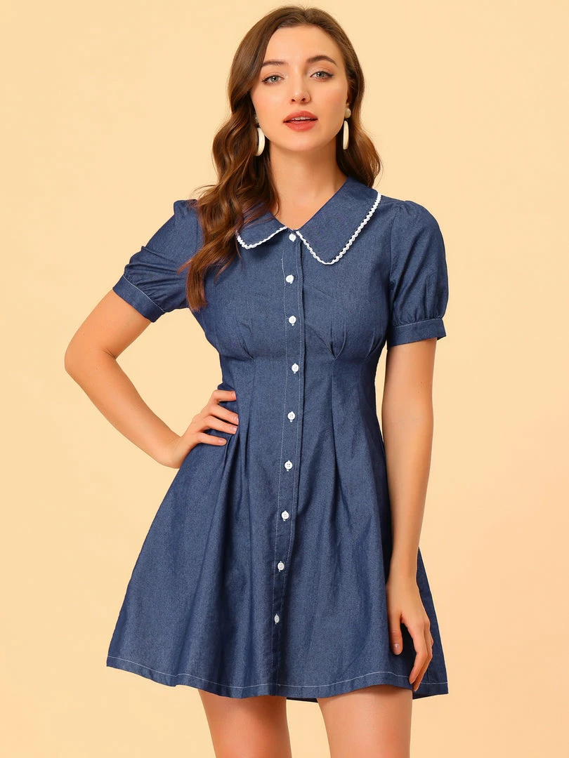 Allegra K Women's Denim Puff Sleeve Button Front Flare A-line Jean Mini Dress 5 Allegra K Women's Denim Puff Sleeve Button Front Flare A-line Jean Mini Dress