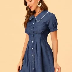 Allegra K Women's Denim Puff Sleeve Button Front Flare A-line Jean Mini Dress 13 Allegra K Women's Denim Puff Sleeve Button Front Flare A-line Jean Mini Dress