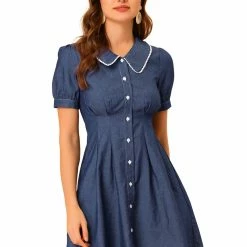 Allegra K Women's Denim Puff Sleeve Button Front Flare A-line Jean Mini Dress