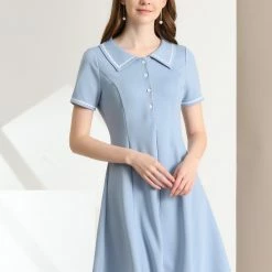 Allegra K Women's Turn Down Collar Half Placket A-Line Summer Dress 12 Allegra K Women's Turn Down Collar Half Placket A-Line Summer Dress