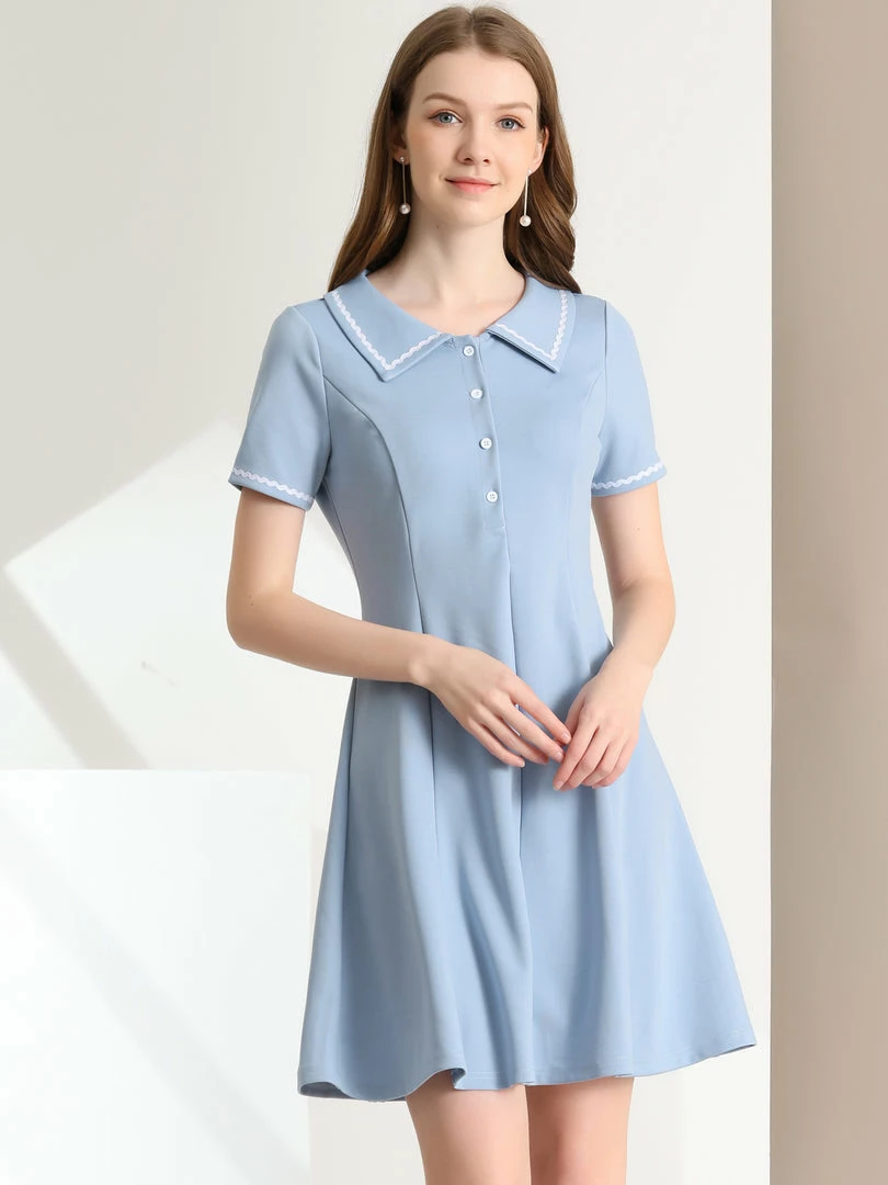 Allegra K Women's Turn Down Collar Half Placket A-Line Summer Dress 6 Allegra K Women's Turn Down Collar Half Placket A-Line Summer Dress