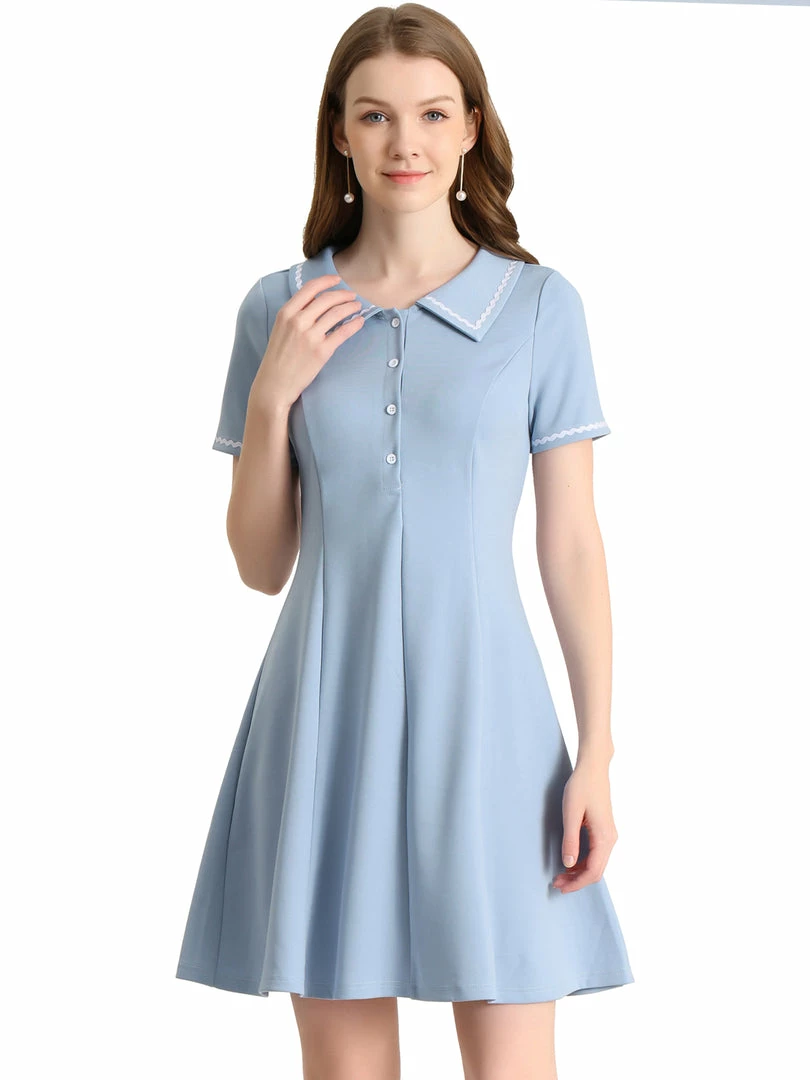 Allegra K Women's Turn Down Collar Half Placket A-Line Summer Dress 4 Allegra K Women's Turn Down Collar Half Placket A-Line Summer Dress