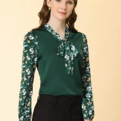 Allegra K Women's Shirt Contrast Panel Long Sleeve Floral Blouse