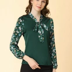 Allegra K Women's Shirt Contrast Panel Long Sleeve Floral Blouse