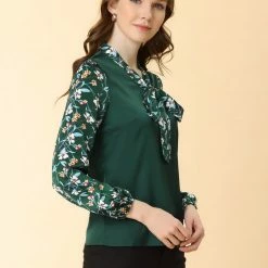 Allegra K Women's Shirt Contrast Panel Long Sleeve Floral Blouse