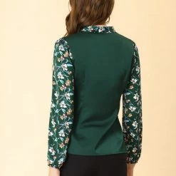 Allegra K Women's Shirt Contrast Panel Long Sleeve Floral Blouse