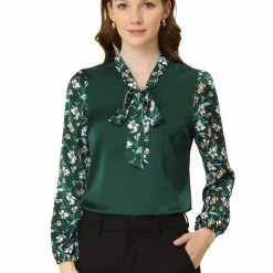 Allegra K Women's Shirt Contrast Panel Long Sleeve Floral Blouse