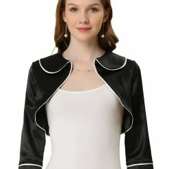 Allegra K Women's Peter Pan Collar Bolero Cropped 3/4 Sleeves Satin Chiffon Shrug