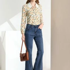 Allegra K Women's Cut Out Lace Collar Chiffon Long Sleeve Tie V Neck Floral Top Blouse