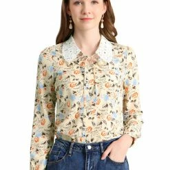 Allegra K Women's Cut Out Lace Collar Chiffon Long Sleeve Tie V Neck Floral Top Blouse