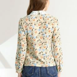 Allegra K Women's Cut Out Lace Collar Chiffon Long Sleeve Tie V Neck Floral Top Blouse