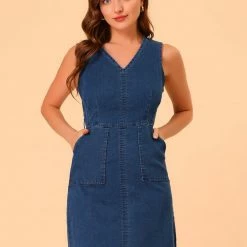 Allegra K Women's Summer Casual Sleeveless Minidress V Neck Belted Denim Dress With Pockets