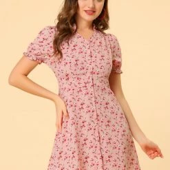 Allegra K Women's Floral Ruffle Neck Puff Short Sleeve Chiffon Valentine's Day Mini Dress 12 Allegra K Women's Floral Ruffle Neck Puff Short Sleeve Chiffon Valentine's Day Mini Dress