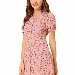Allegra K Women's Floral Ruffle Neck Puff Short Sleeve Chiffon Valentine's Day Mini Dress
