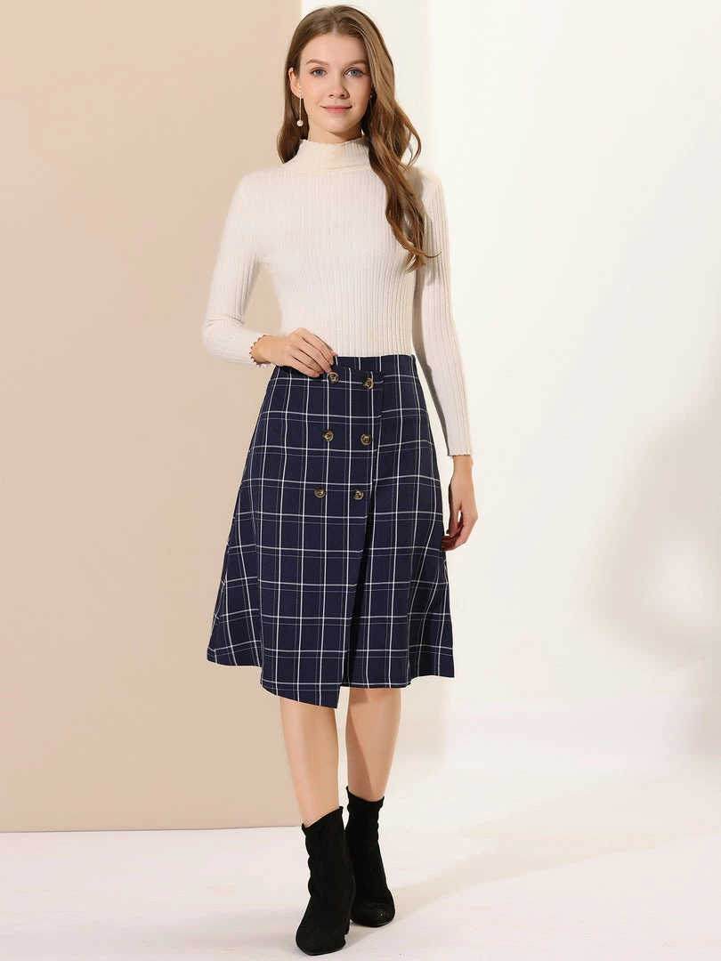 Allegra K Women's Plaid Vintage Faux Wrap Buttons Front Midi High Waist Skirt 11 Allegra K Women's Plaid Vintage Faux Wrap Buttons Front Midi High Waist Skirt