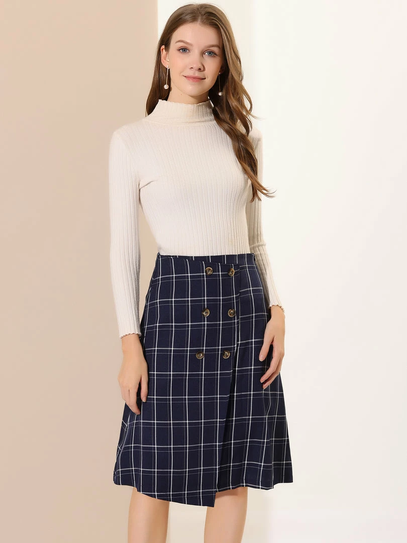Allegra K Women's Plaid Vintage Faux Wrap Buttons Front Midi High Waist Skirt 12 Allegra K Women's Plaid Vintage Faux Wrap Buttons Front Midi High Waist Skirt
