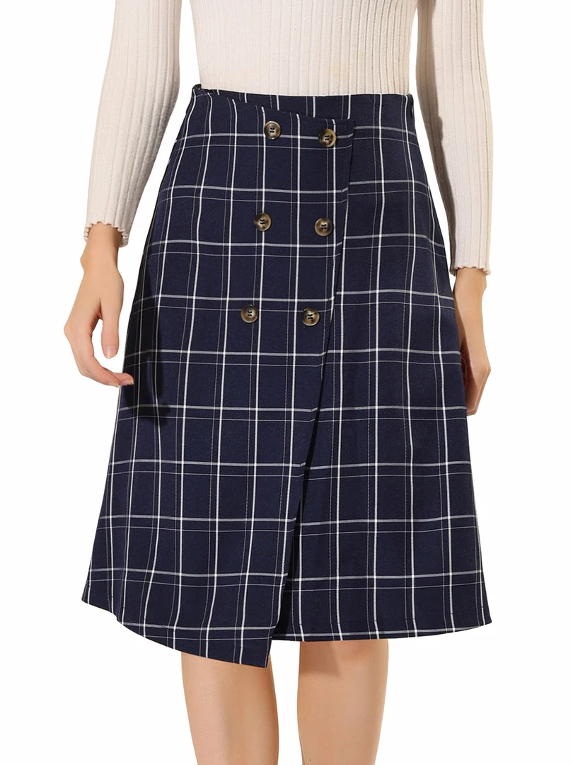 Allegra K Women's Plaid Vintage Faux Wrap Buttons Front Midi High Waist Skirt 9 Allegra K Women's Plaid Vintage Faux Wrap Buttons Front Midi High Waist Skirt