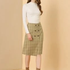 Allegra K Women's Plaid Vintage Faux Wrap Buttons Front Midi High Waist Skirt 33 Allegra K Women's Plaid Vintage Faux Wrap Buttons Front Midi High Waist Skirt