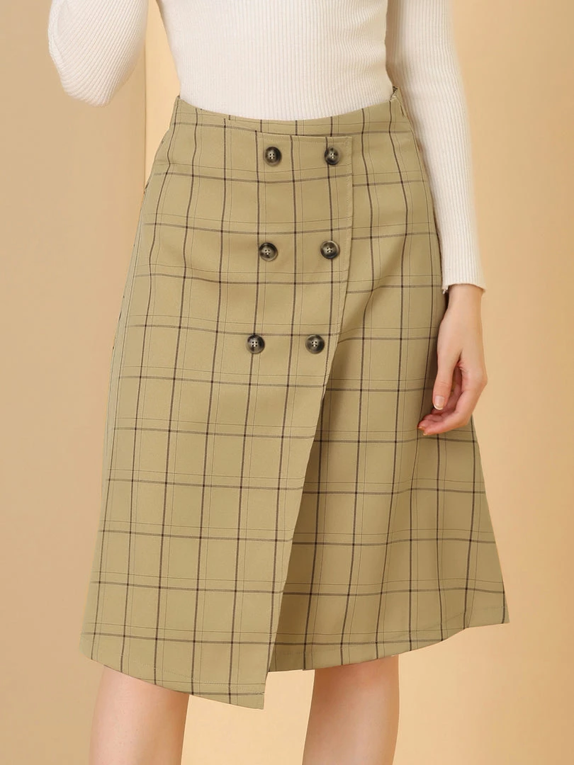 Allegra K Women's Plaid Vintage Faux Wrap Buttons Front Midi High Waist Skirt 17 Allegra K Women's Plaid Vintage Faux Wrap Buttons Front Midi High Waist Skirt