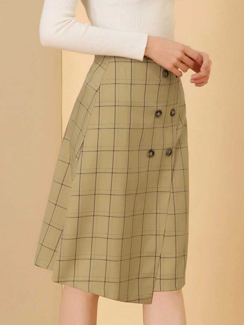 Allegra K Women's Plaid Vintage Faux Wrap Buttons Front Midi High Waist Skirt 18 Allegra K Women's Plaid Vintage Faux Wrap Buttons Front Midi High Waist Skirt