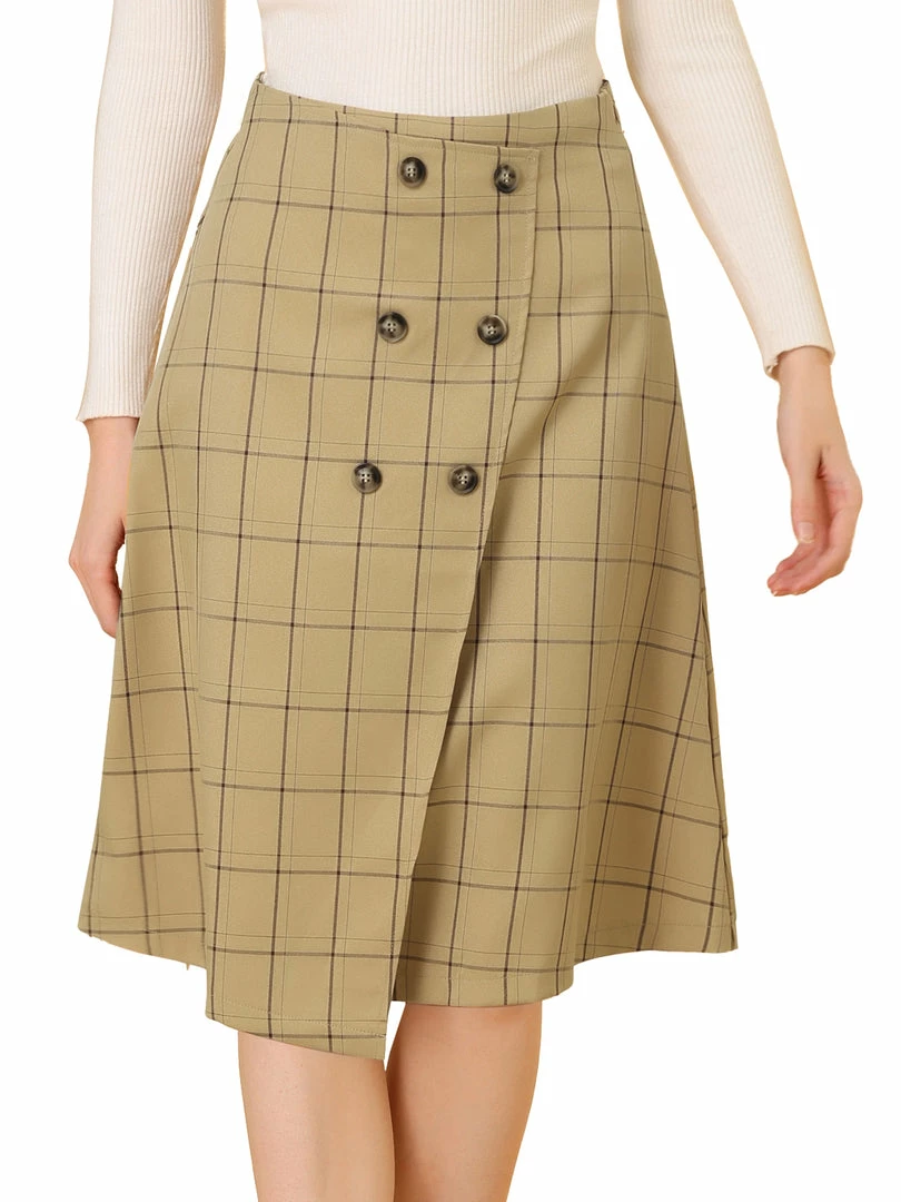 Allegra K Women's Plaid Vintage Faux Wrap Buttons Front Midi High Waist Skirt 15 Allegra K Women's Plaid Vintage Faux Wrap Buttons Front Midi High Waist Skirt