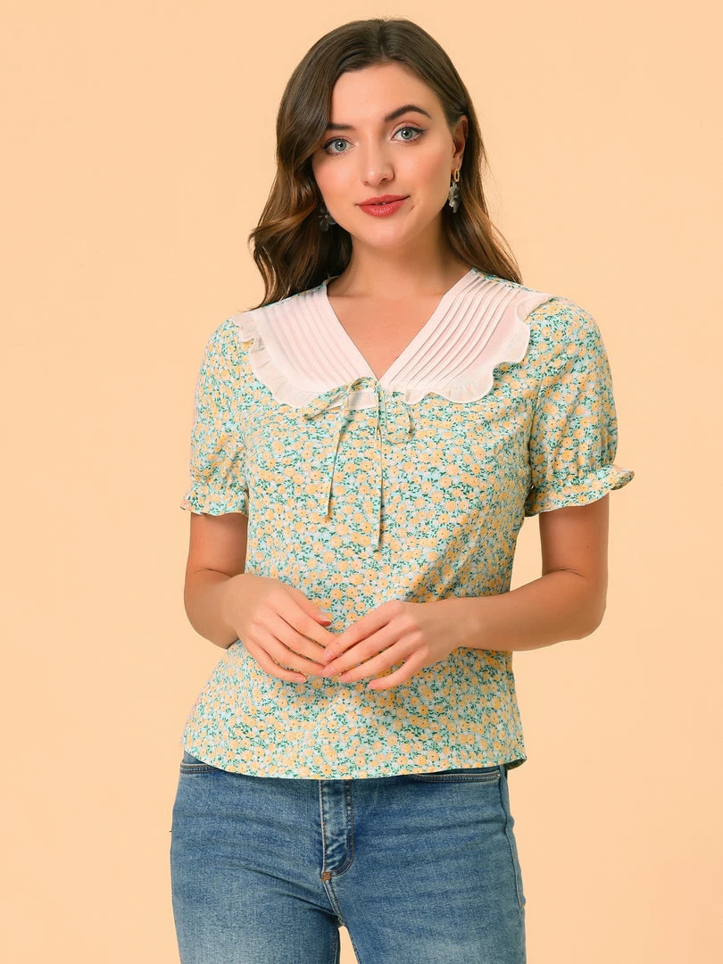 Allegra K Women's Ditsy Floral Ruffle V Neck Short Sleeve Chiffon Blouse Top 7 Allegra K Women's Ditsy Floral Ruffle V Neck Short Sleeve Chiffon Blouse Top