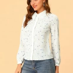 Allegra K Women's Floral Blouse Lace Doll Collar Contrast Long Sleeve Button Down Shirt