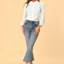 Allegra K Women's Floral Blouse Lace Doll Collar Contrast Long Sleeve Button Down Shirt