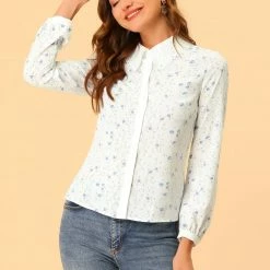 Allegra K Women's Floral Blouse Lace Doll Collar Contrast Long Sleeve Button Down Shirt