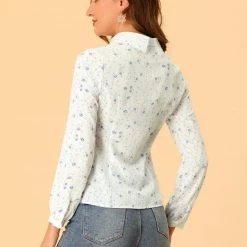 Allegra K Women's Floral Blouse Lace Doll Collar Contrast Long Sleeve Button Down Shirt