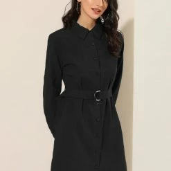 Allegra K Women's Belted Roll Up Sleeve Button Up Collared Shirt Dress