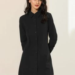 Allegra K Women's Belted Roll Up Sleeve Button Up Collared Shirt Dress