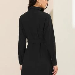 Allegra K Women's Belted Roll Up Sleeve Button Up Collared Shirt Dress