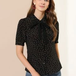 Allegra K Women's Floral Blouses Puff Sleeve Work Button Down Bow Tie Short Sleeve Tops 11 Allegra K Women's Floral Blouses Puff Sleeve Work Button Down Bow Tie Short Sleeve Tops