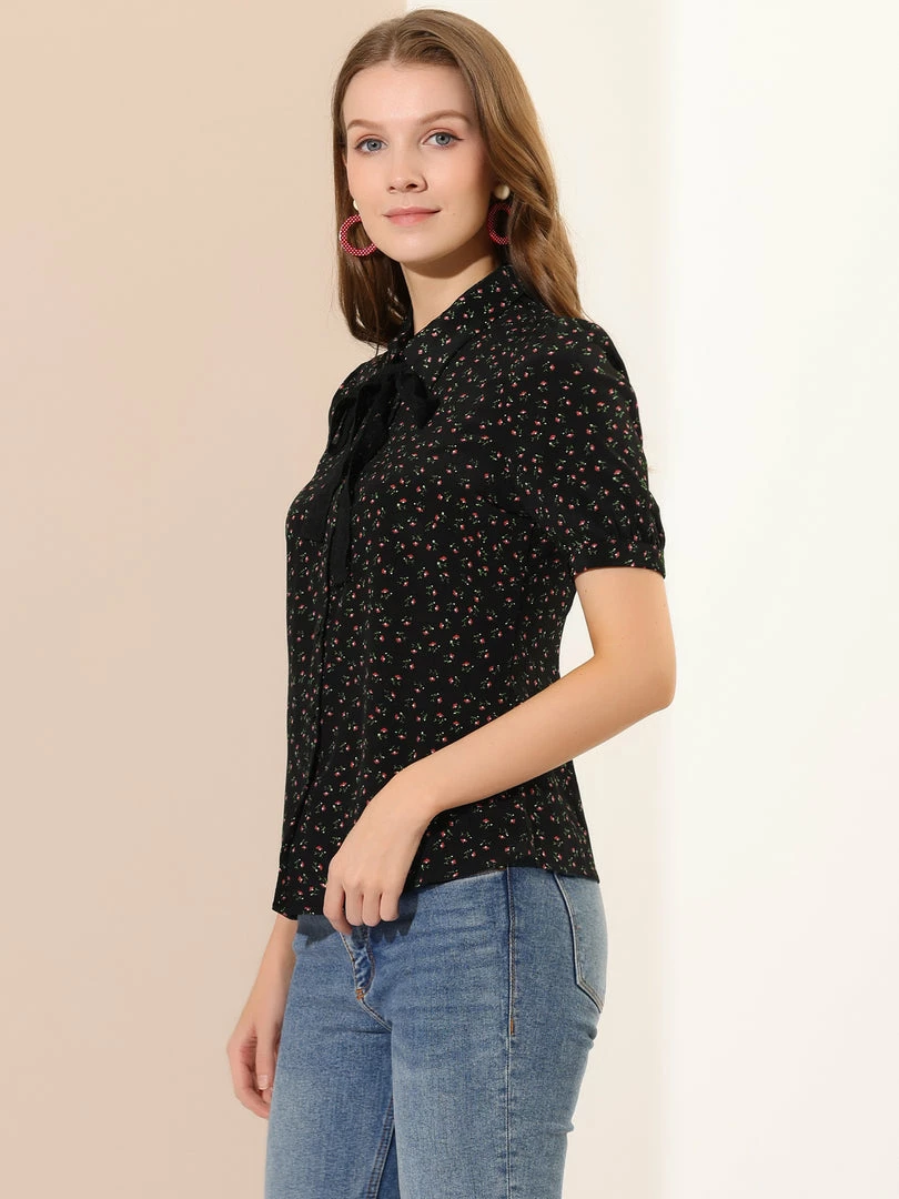 Allegra K Women's Floral Blouses Puff Sleeve Work Button Down Bow Tie Short Sleeve Tops 7 Allegra K Women's Floral Blouses Puff Sleeve Work Button Down Bow Tie Short Sleeve Tops