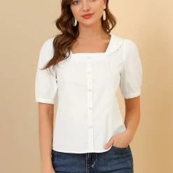 Allegra K Women's Peter Pan Collar Square Neck Button Decor Short Sleeve Cotton Blouse Top