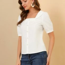 Allegra K Women's Peter Pan Collar Square Neck Button Decor Short Sleeve Cotton Blouse Top