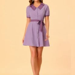 Allegra K Women's Vintage Peter Pan Collar Puff Short Sleeve Belted Shirt Dress