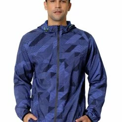 Allegra K Men's Lightweight Windbreaker Printed Drawstring Hooded Zip Up Mesh Lined Jacket