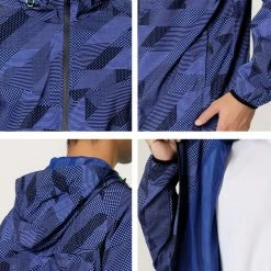 Allegra K Men's Lightweight Windbreaker Printed Drawstring Hooded Zip Up Mesh Lined Jacket
